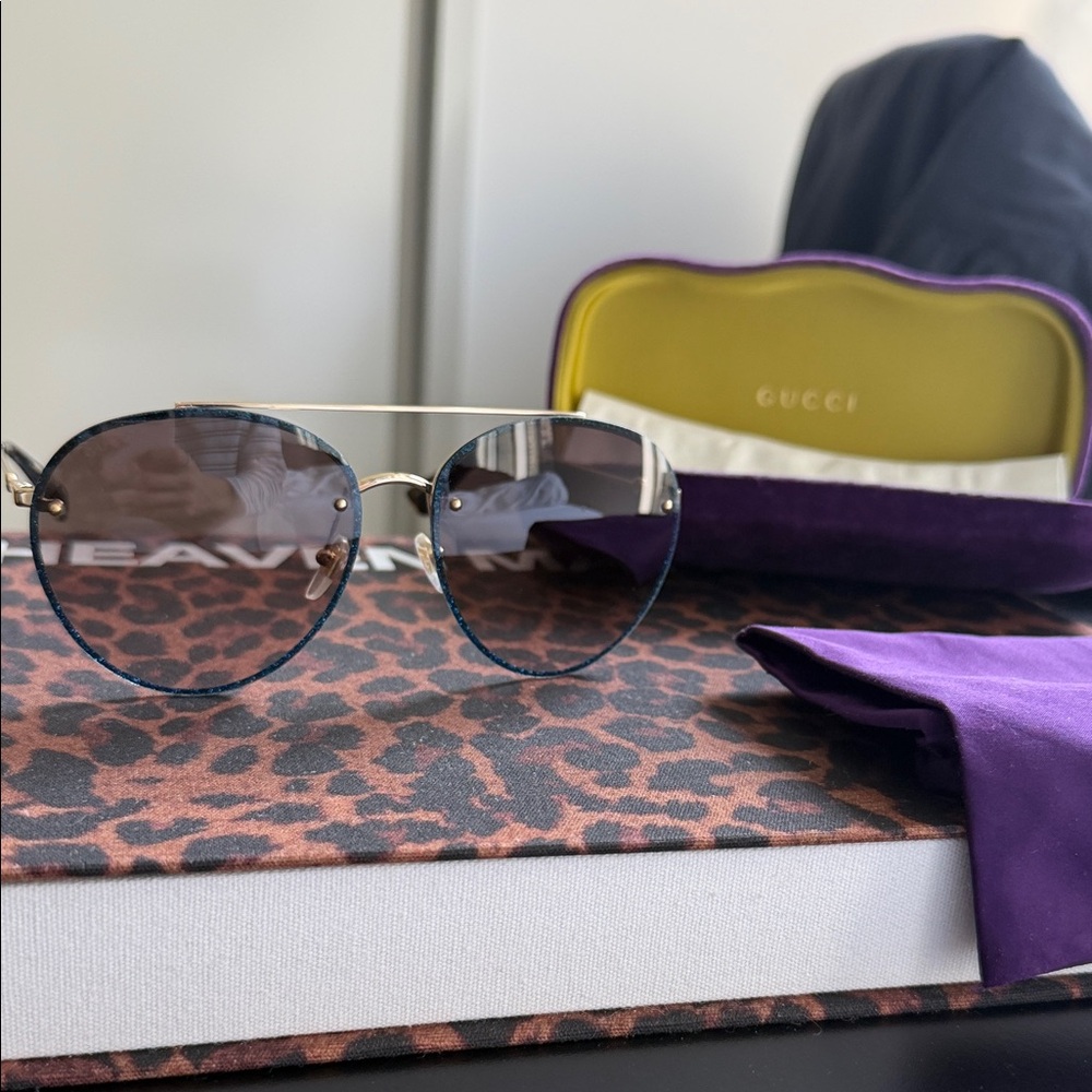 Gucci Women's Blue Gradient Round Sunglasses with Gold Frame